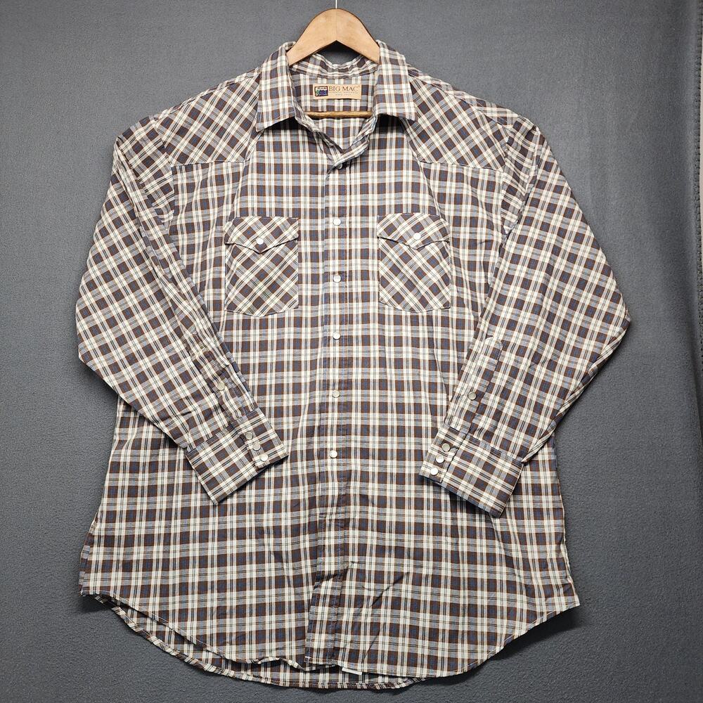 Vintage Big Mac Shirt Mens 2XL Tall Brown Blue Plaid Pearl Snap Western 90s USA